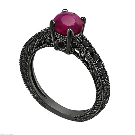 Mariage - Ruby & Black Diamonds Engagement Ring Vintage Style 14K Black Gold 0.80 Carat Pave Set Birthstone Antique Style Engraved Handmade