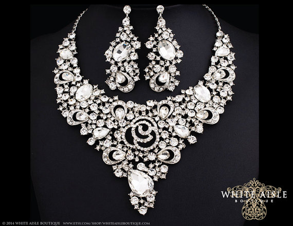 زفاف - Rose Bridal Jewelry Set, Crystal Statement Necklace Earrings, Vintage Style Bridal Necklace, Bridal Earrings, Wedding Necklace Set