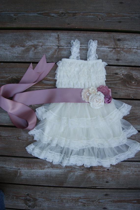 Mariage - Flower girl dress. Ivory lace flowergirl dress. Shabby chic vintage dress. Lace flowergirl dress. Rustic wedding flowergirl dress