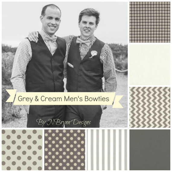 Wedding - Men's grey cream ivory bowties - gingham chevron polka dots stripe wedding Riley Blake le creme groomsmen ring bearer gray men bow ties