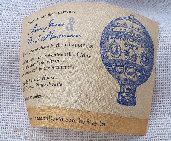 Wedding - Wedding invitation on linen fabric with hot air balloon retro urban chic,  set of 25