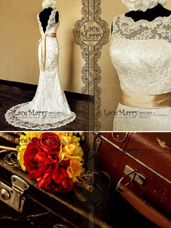 Mariage - Deep V-Cut Back Vintage Style Lace Wedding Dress Features Illusion Neckline and Satin Sash