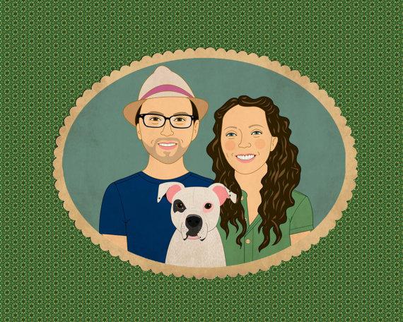 Mariage - Custom family portrait. Custom cartoon portrait with pet. Personalized illustration. Custom quirky portraits.
