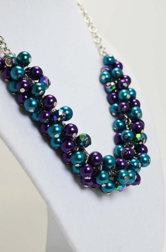 Wedding - Purple and Teal Cluster Necklace, Peacock Bridal Necklace, Wedding Pearl Jewelry, Chunky Pearl Necklace, Bridesmaid Jewelry, Cluster Jewelry
