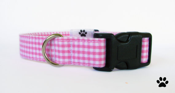 Свадьба - Pink and white gingham - pet collar, dog collar, cat collar