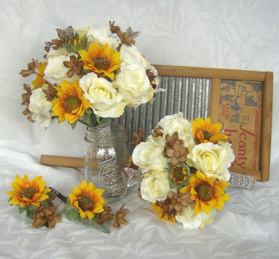 Mariage - Sunflower bridal bouquet sunflower roses wedding bouquet silk bridal bouquet set