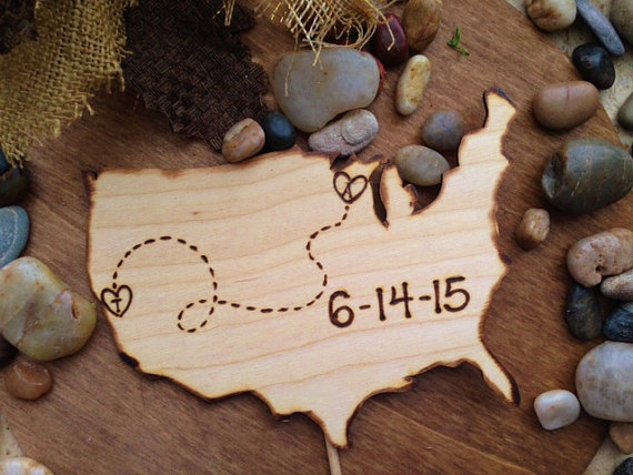 Hochzeit - Wedding Cake Topper in the shape of the USA with YOUR States in a Heart and Your Initials and Wedding Date Large Wedding Decoration Distance