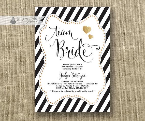 Hochzeit - Team Bride Black White Bachelorette Party Invitation Gold Glitter Heart Bridal Hen Lingerie FREE PRIORITY SHIPPING or DiY Printable- Jaclyn