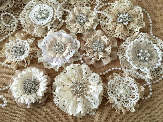زفاف - wedding shabby or rustic lace handmade flowers with rhinestone centers