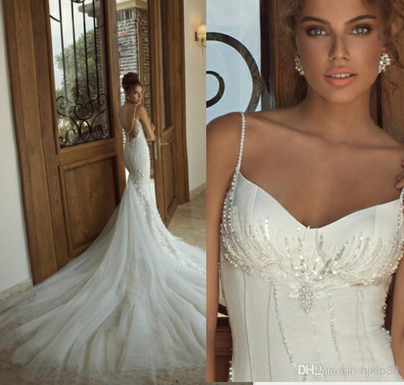 Mariage - New Galia Lahav 2014 Mermaid Wedding Dresses Pearls Spaghetti Sleeveless Low Bare Back Chapel Train Lace Applique Tulle Bridal Wedding Gowns Online with $137.07/Piece on Hjklp88's Store 