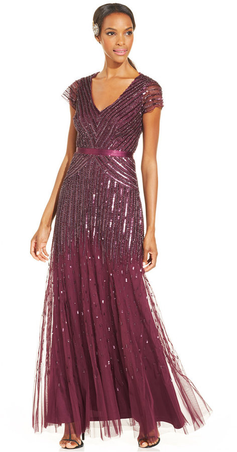 Wedding - Adrianna Papell Cap-Sleeve Beaded Sequined Gown
