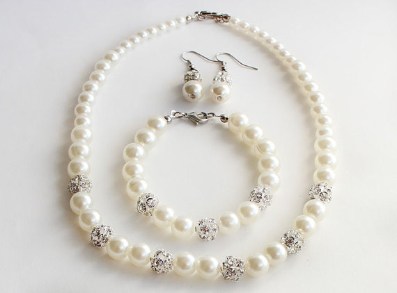 Wedding - Bridesmaid jewelry pearl necklace bracelet wedding gift wedding party bridesmaid gift earrings rhinestones maid of honor bridal ivory pearl