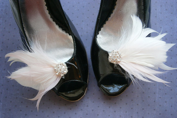 زفاف - Bridal, feather, shoe, clips, Wedding, Accessory, Pink, Ivory, off, white, blush, antique, brides, feathered - PINK & WHITE Shoe Clips