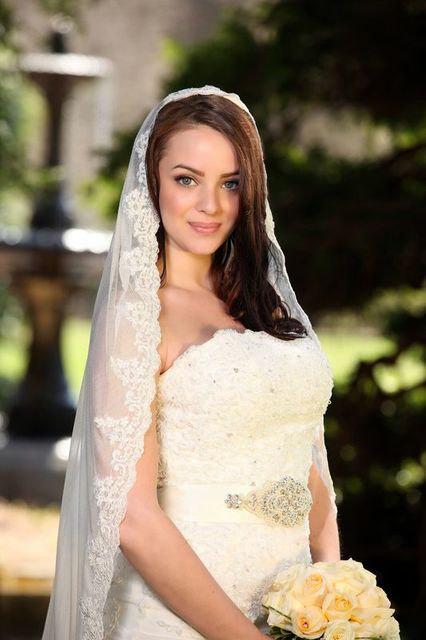Wedding - 100 % silk wedding bridal lace mantilla veil fingertip length alencon lace ivory