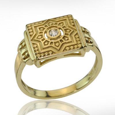 Wedding - Mandala Inspired Engagement Ring in 18k Solid Gold and Diamond, Rectangle Engagement Ring