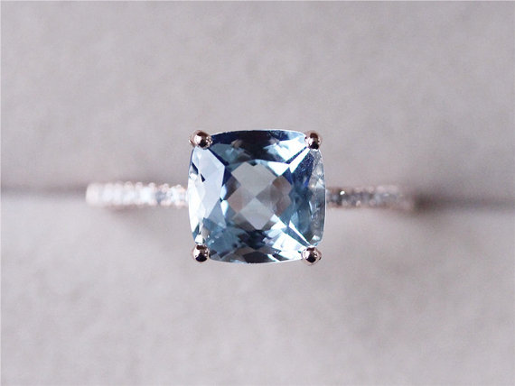 Mariage - VS 8x8mm Blue Aquamarine Ring Solid 14K Rose Gold Cushion Aquamarine Ring Wedding Ring Diamond Engagement Ring Promise Ring