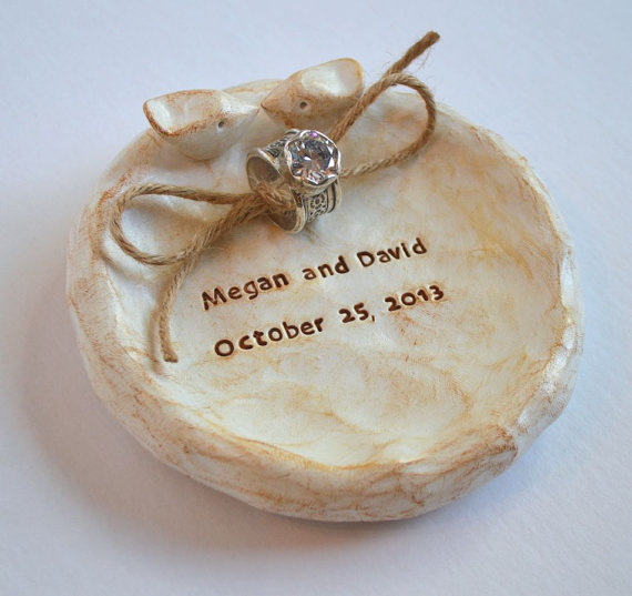 Wedding - Ring bearer pillow ... personalized with your names and wedding date ... ring bearer bowl, handmade polymer clay lovebird dish