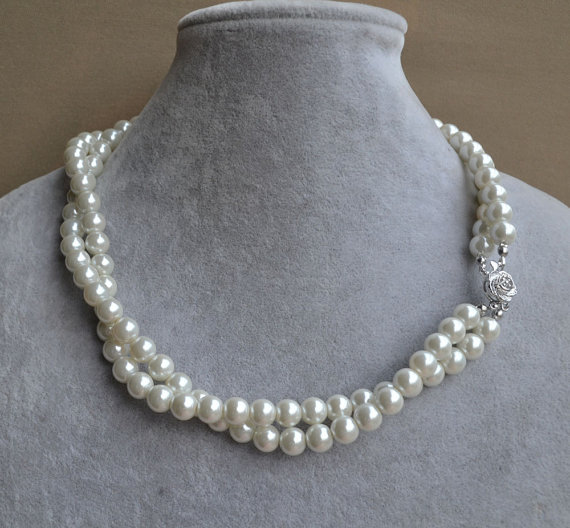 زفاف - white pearl Necklaces,Glass Pearl Necklace,ivory pearl necklaces,two strangs Pearl Necklace,Wedding Necklace,bridesmaid necklace,Jewelry