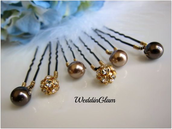 Свадьба - Wedding hair clips, Bridal Hair Accessories, Swarovski dark brown champagne pearls, Gold Rhinestone ball, Bridesmaid Hair do, Fall wedding