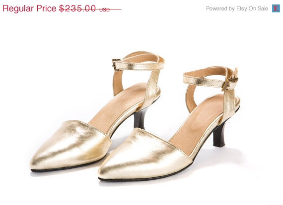 Hochzeit - ON SALE 30% off Gold shoes - Kitten heel golden shoes - ankle strap heel wedding shoes