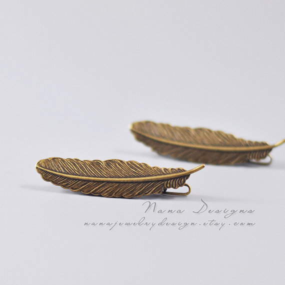 Wedding - Feather Hair Clip Set Of 2 Antique Bronze Feather Hair Pin Vintage Style Bird Feather Clip Nature Hair Accessory Woodland Wedding Hair Piece