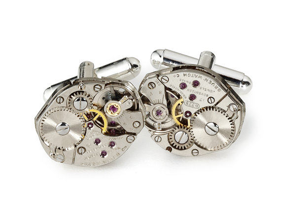 زفاف - Steampunk Cufflinks Steampunk Jewelry Vintage Gruen watch movements wedding anniversary Gift Groom formal silver cuff links men jewelry 2291