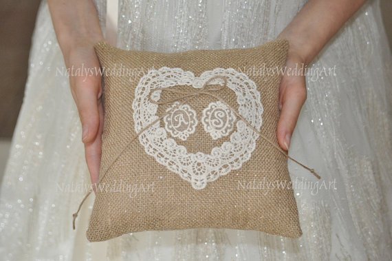 Hochzeit - Personalized Burlap Ring Bearer Pillow Ring Cushion with Lace Ring pillow Woodland / Rustic / Cottage style Weddings