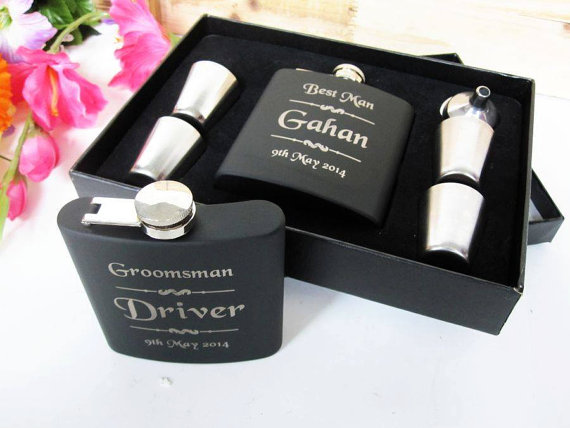 Hochzeit - 18 Groomsmen Flask Gift Set and Shot Glass Set with Funnel