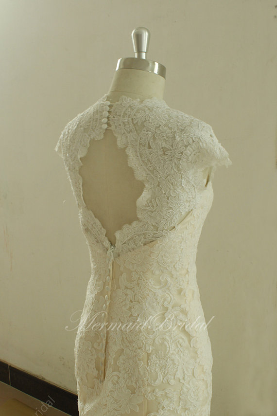 زفاف - Fit and flare sleeves nude lining lace Wedding dress with Keyhole back,
