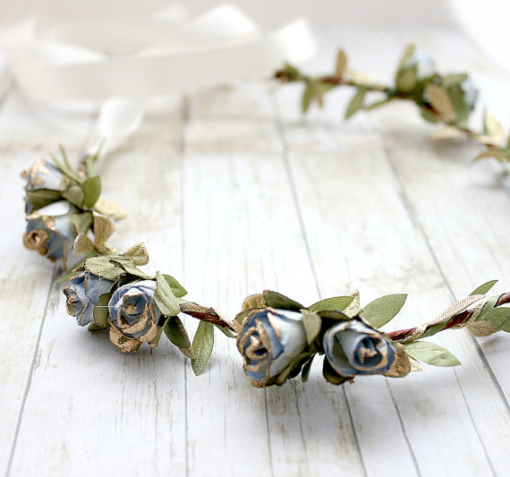 Mariage - Blue Gold Rosebuds Floral Crown Wedding, Flower Crown, Paper Flowers, Spring, Something Blue, Hair Wreath, Bridal, Hair Accessories,