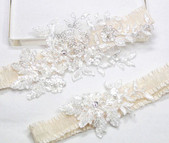 Hochzeit - Bridal Garter Set - wedding garter set, lace garters, ivory garter set, wedding garter, sequin garters, bridal garter belt