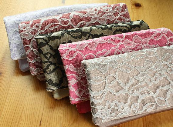Wedding - 6 Bridesmaid Clutches - Lace Wedding Clutch - Pick Your Own Fabric and Lace