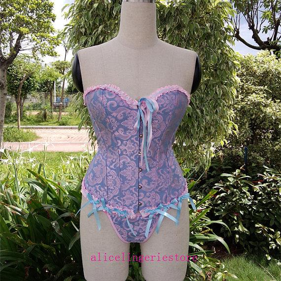 زفاف - Women Blue Boned Lace Up Back Sexy Corset Floral Bustier Lingerie Tummy Cincher Overbust