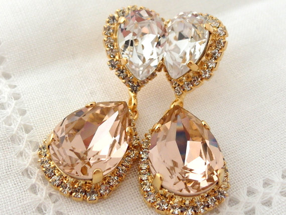 Wedding - Blush Pink and clear Swarovski Chandelier earrings, Bridal earrings, Bridesmaids gift, Dangle earrings, Drop earrings, Weddings jewelry