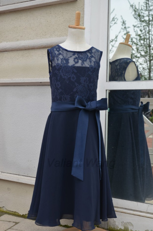 Hochzeit - Navy Lace Chiffon Flower Girl Dress At Knee Length With Sash