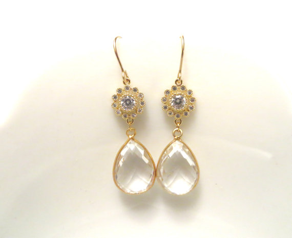 زفاف - Gold Bridesmaid Jewlery Gold Bridal Jewelry Gold Earrings Clear Crystal Earrings Quartz Teadrop Rhinestone Bridal Jewelry Gold Wedding Gift