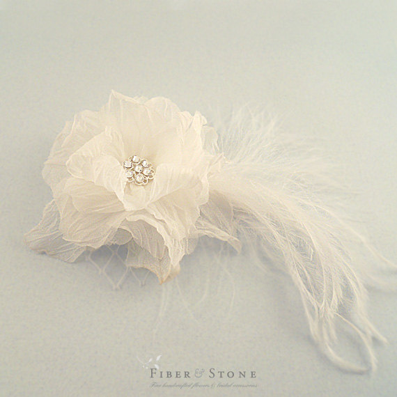 Hochzeit - Pure Silk, Flower Wedding Fascinator, Wedding Headpiece with Flower and Feather Bridal Headpiece, Swarovski Crystal Wedding Hair Accessories