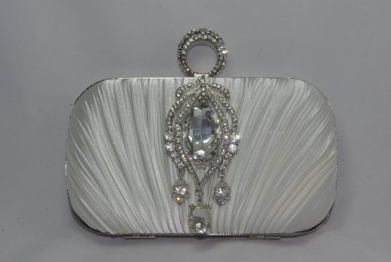 Hochzeit - Crystal Bridal Clutch in Off- White, Brooch Satin Box Clutch - Wedding Handbag - Bridal Clutch Bag - Silver Brooch Clutch -  Bridal Purses