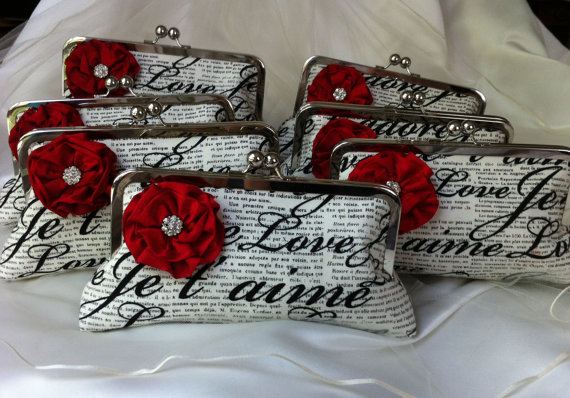 Свадьба - Your color choice THE JE T'AIME Bridesmaid Clutches, Wedding Purse, Personalized, Ivory Je t'aime, silk and vintage rhinestones  french