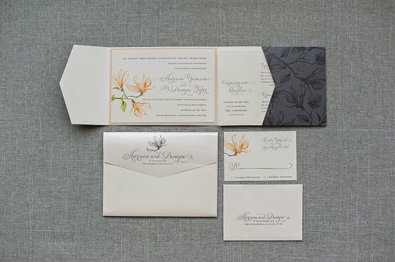 زفاف - Wedding Pocket Invitation - Charcoal and Gold Floral Lily  - Country Chic, Rustic, Floral, Flowers, Formal - Adriana and Dwayne