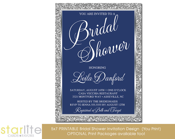 زفاف - Navy Blue Silver Bridal Shower Invitation, Glitter Frame, engagement party, vintage style Printable Design or Printed Option