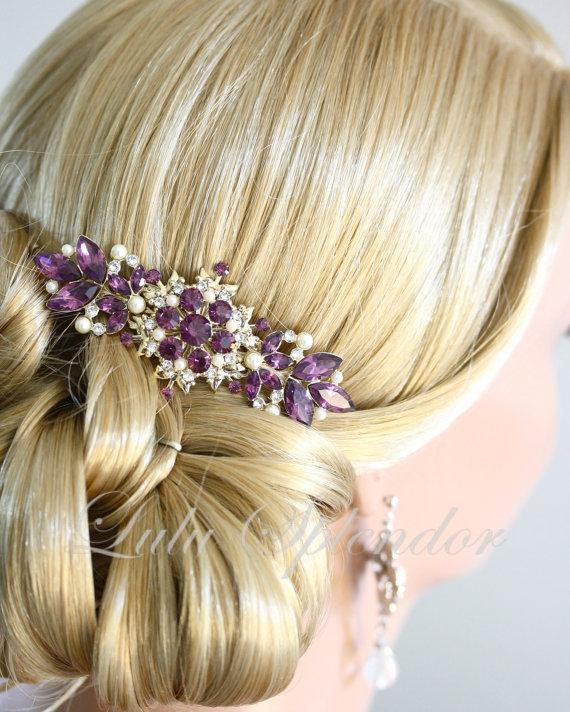 Hochzeit - Vintage Bridal Comb Amethyst Wedding Hair Comb Purple Wedding Hair Accessories Gold Comb, CHANTILLY