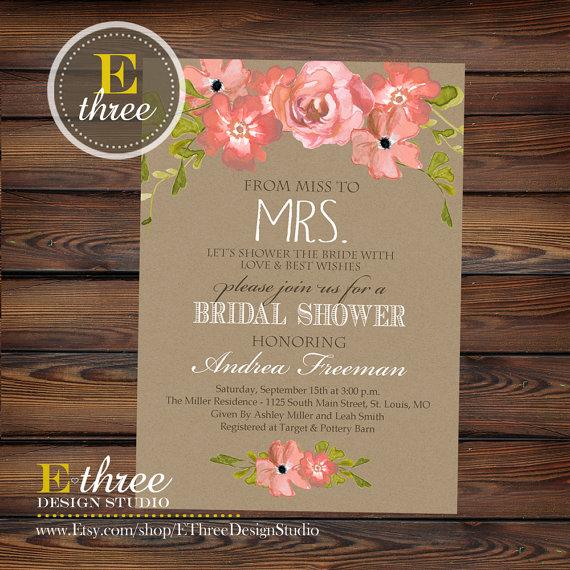 Hochzeit - Printable Bridal Shower Invitation - Rustic Watercolor Flowers and Kraft Paper Bridal Shower Invite - Wedding Shower Invitation