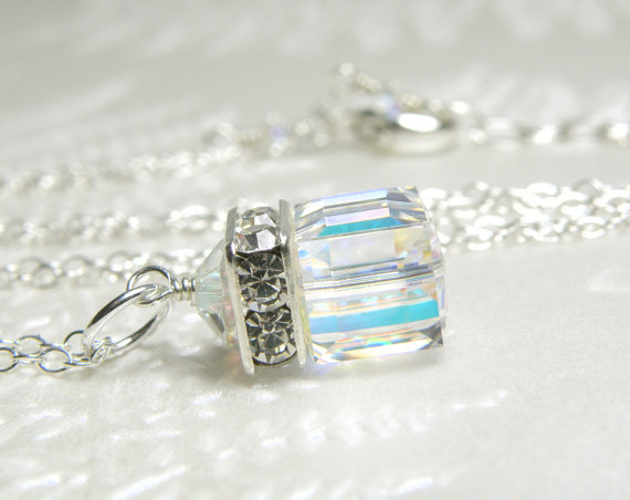 زفاف - Clear Crystal Necklace, Cube Pendant, Sterling Silver, Bridal Swarovski Crystal Bridesmaids Necklace, Simple Wedding Jewelry, Handmade