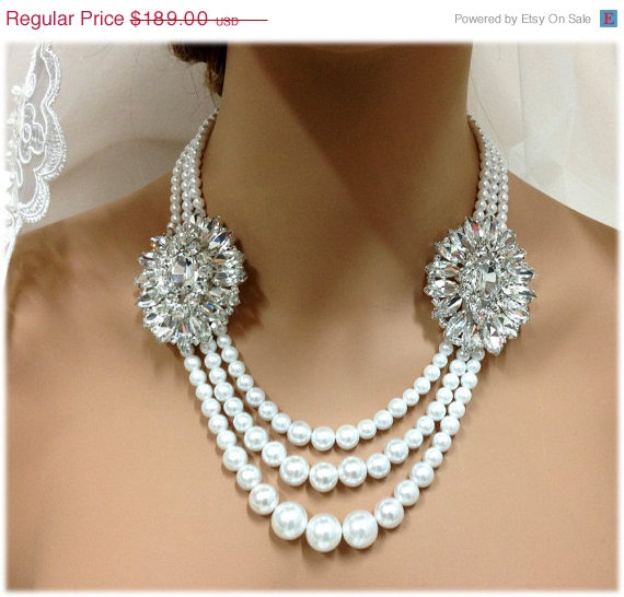 Wedding - Bridal jewelry set, Wedding jewelry , Bridal bib necklace, vintage inspired rhinestone pearl bridal necklace , Victorian crystal jewelry