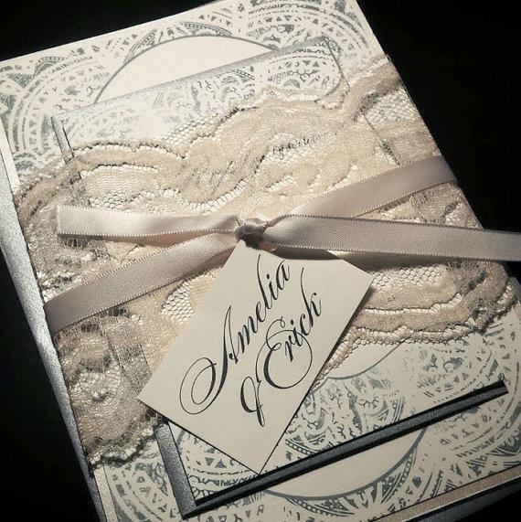 Wedding - Shabby Chic Lace Wedding Invitations - Vintage Modern Wedding Invites, Ivory Champagne Silver and Gray - Sample only