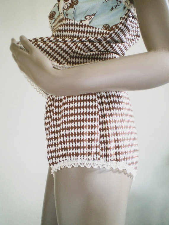 Mariage - Short Bloomers Retro Style Granny Panties Brown And White Harlequin Diamond Print Cotton MADE TO ORDER