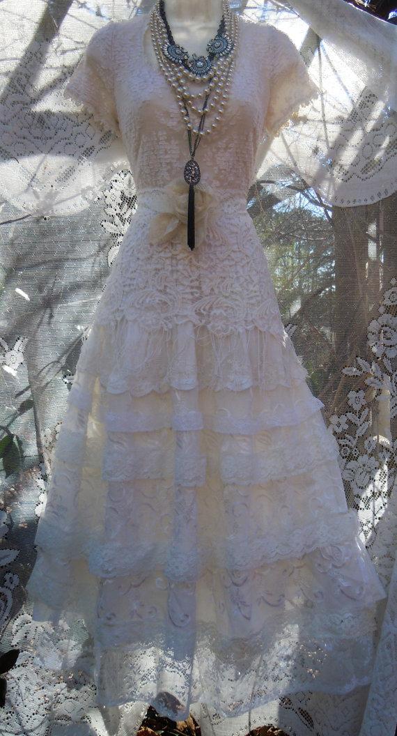 Свадьба - Lace  wedding dress white  crochet cotton  tulle  vintage  bride outdoor  romantic small medium  by vintage opulence on Etsy