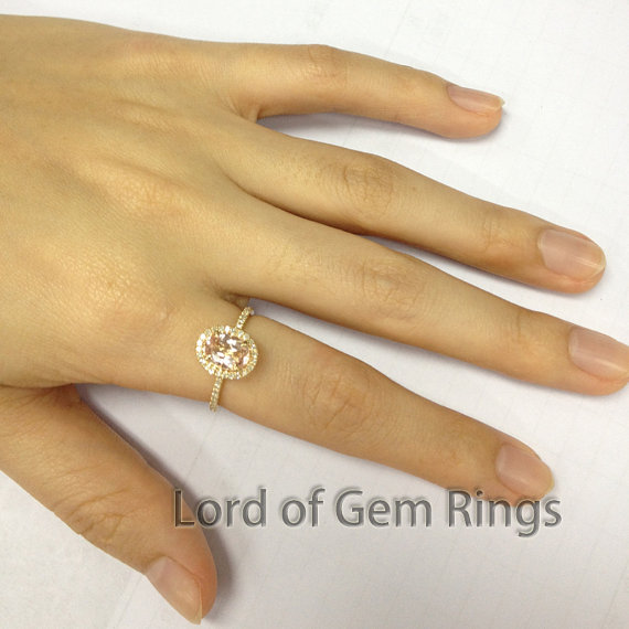 زفاف - Morganite with Diamonds Engagement Ring in 14K Yellow Gold,Claw Prongs Oval Cut 6x8mm Pink Morganite Halo Diamonds Wedding Bridal Promise