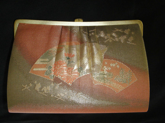 زفاف - MINT Vintage Japanese SILK Kimono CLUTCH Bag w/ Chain Handle Inside - Gold & Red w/ Fans - Perfect for Wedding, Prom, Date